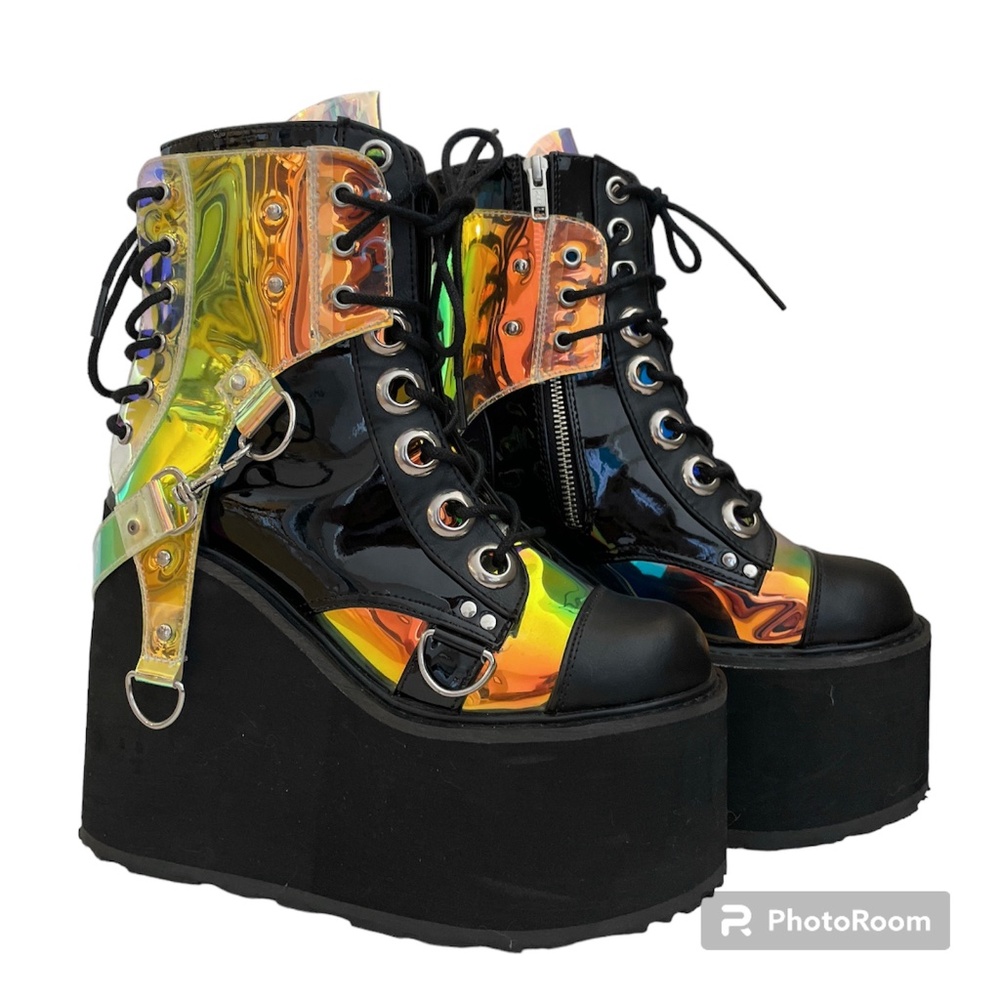 NEW DEMONIA SWING-115 Black Wedge Platform Lace-Up Ankle Boot SIZE 8